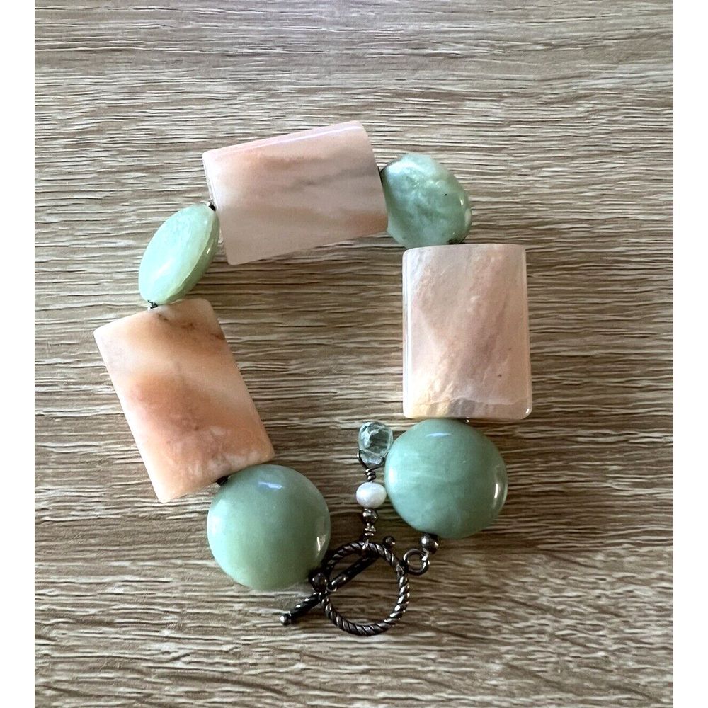 Chunky Faux Stone Beaded Bracelet Green &Pink Flat Faux Stones 8"